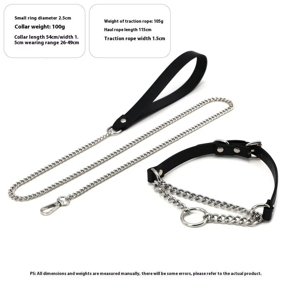 Black leather dog collar and matching hand grip lead set for punk style pet accessories