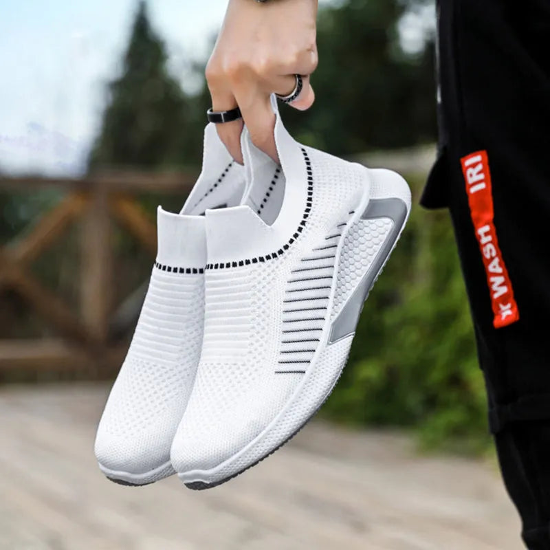Men's striped mesh sock shoes with flyknit upper and plastic sole in black, black white, or white colour options