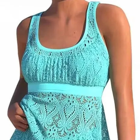 Women's solid colour conservative split two-piece swimwear set for swimming sports.