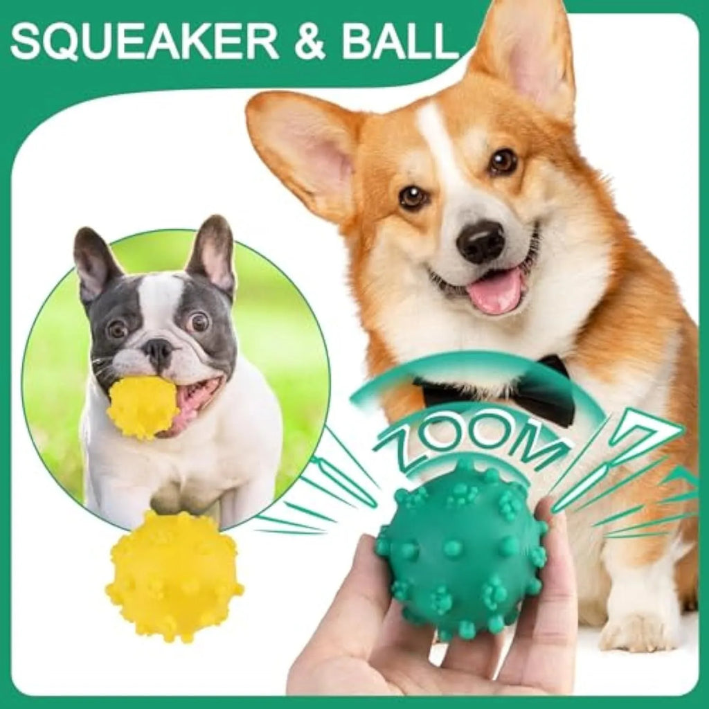 Blue, green, pink, and yellow spiky dog toy balls with paw print dimples, shown next to a small dog.