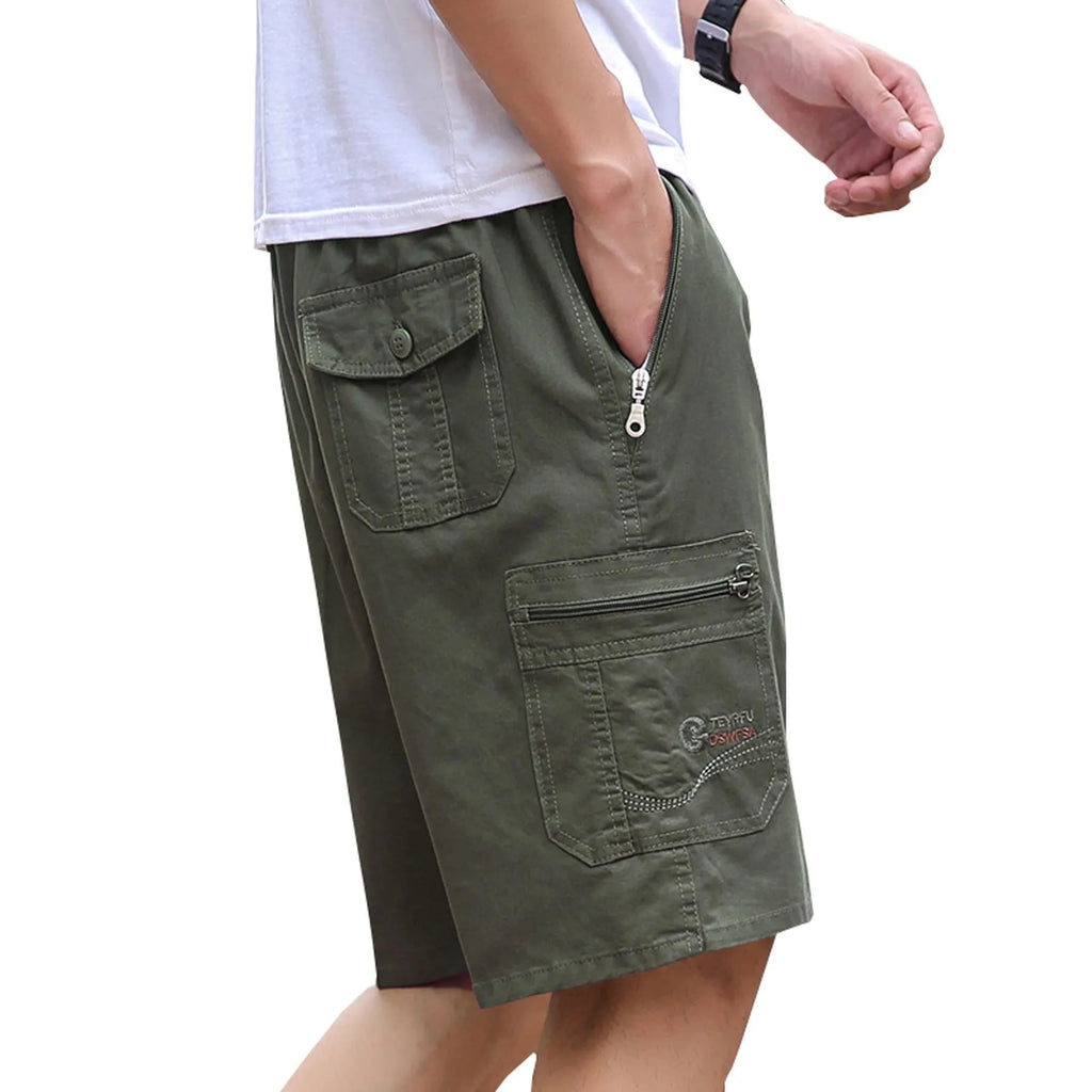 Men's loose cargo trousers in army green with straight leg design and extended sizing