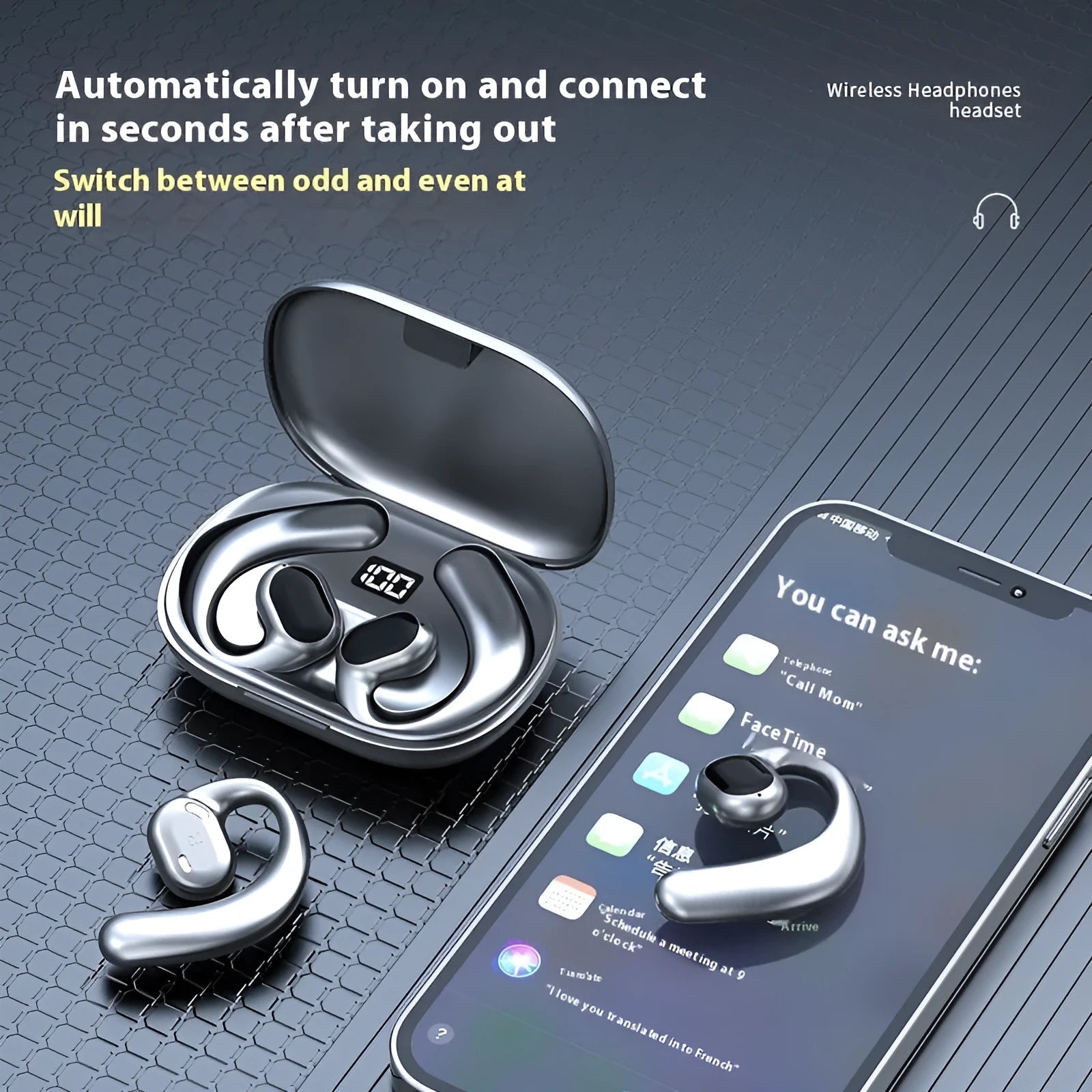 Black ear-mounted Bluetooth headset with digital display screen showing battery level.