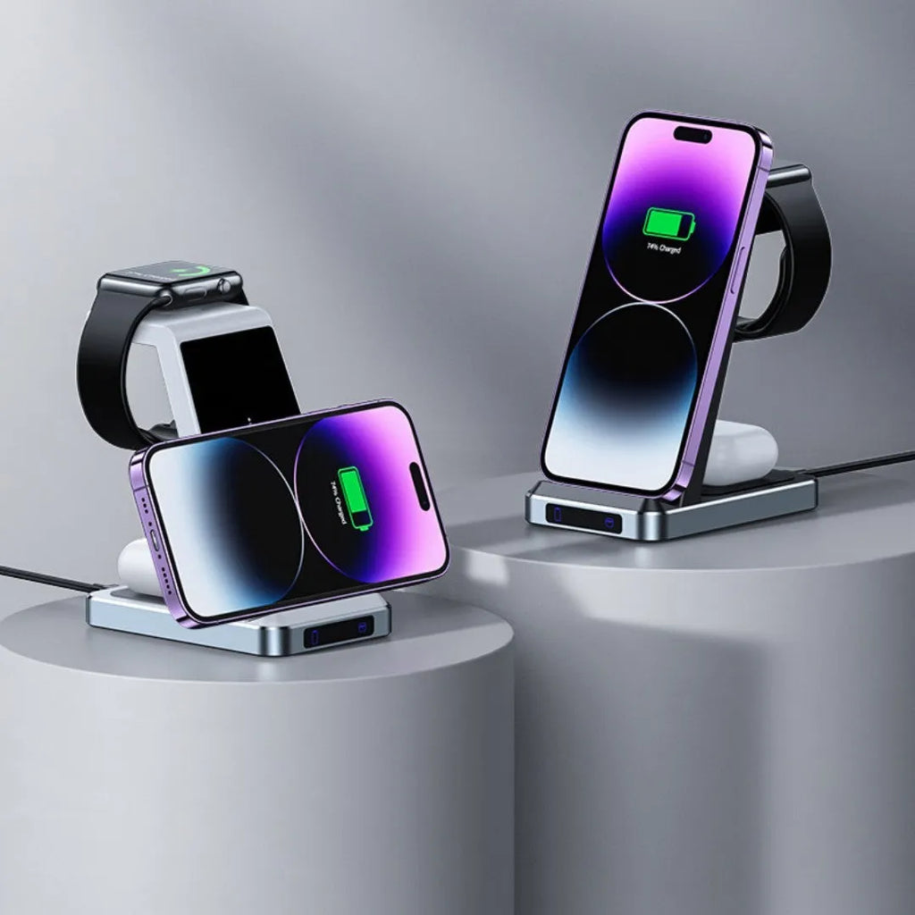 X2 three-in-one wireless charger in black charging a phone, watch, and earbuds