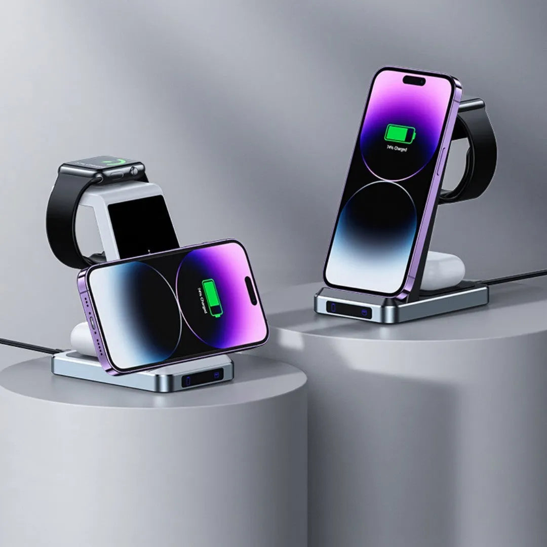 X2 three-in-one wireless charger in black charging a phone, watch, and earbuds