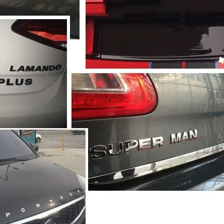 Zinc alloy 3D raised letter car sticker for bumper customisation in black or silver.