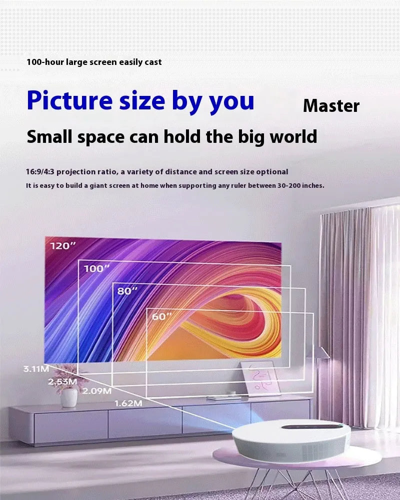 White HD home theatre smart projector with remote control on a stand