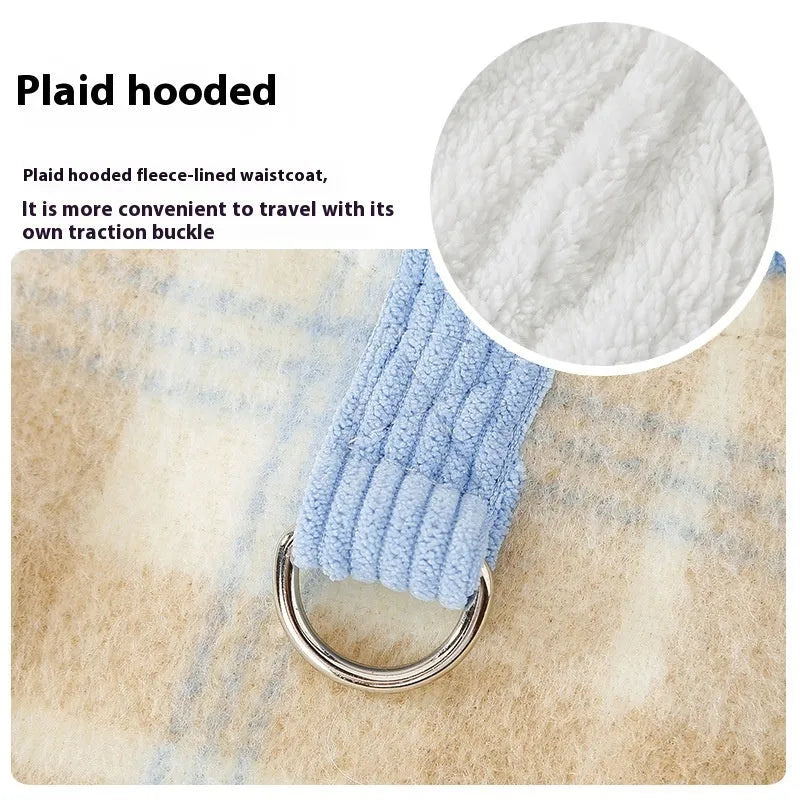 Blue corduroy dog hoodie vest with chessboard grid pattern and attached hood featuring traction details