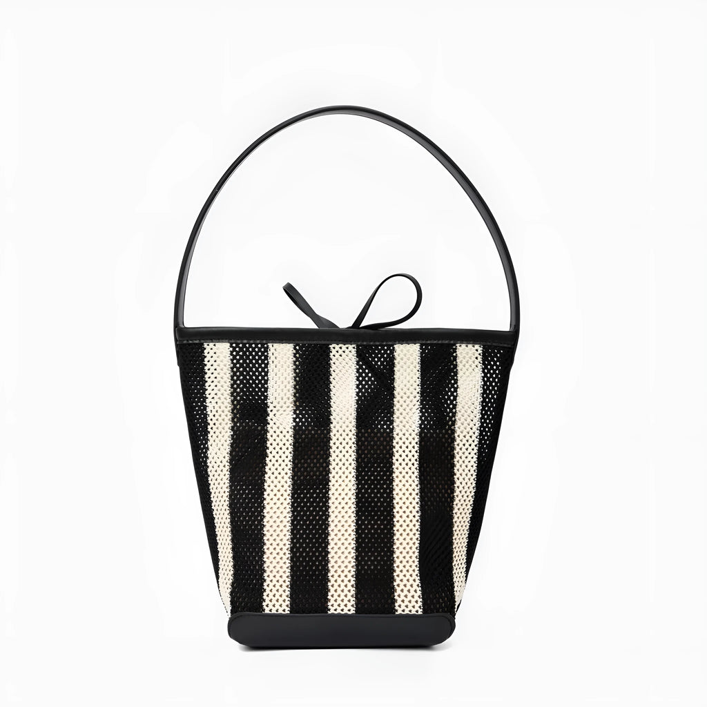 Black and white stripes woven fabric women's shoulder bag with bucket shape