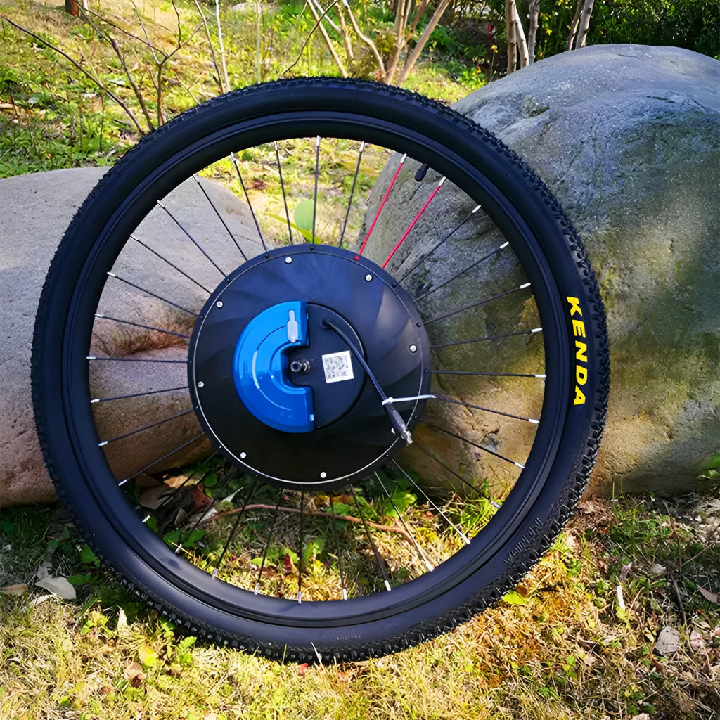 Yunzhilun 26-inch electric bicycle conversion kit showing alloy hub motor wheel and lithium battery pack.