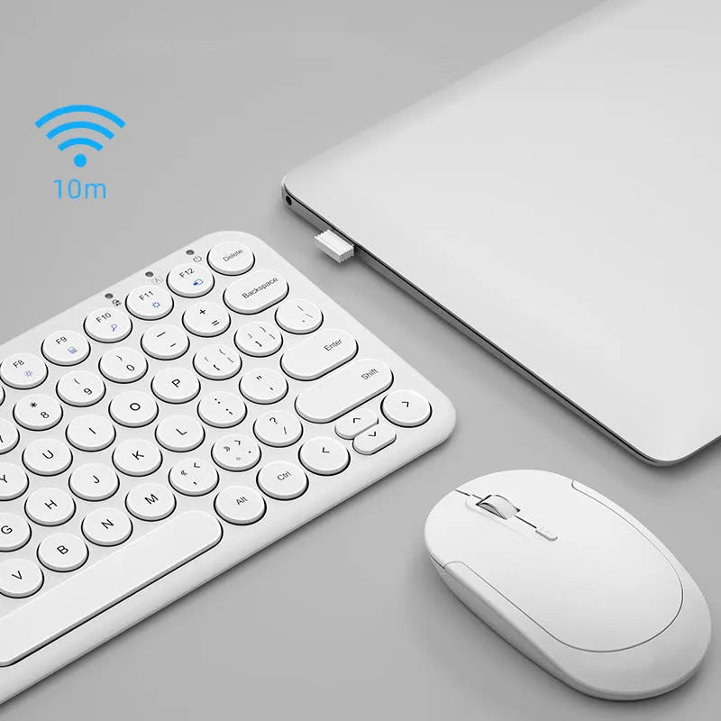 Mute ultra-thin wireless keyboard and optical mouse set in white, black, or pink colour options.