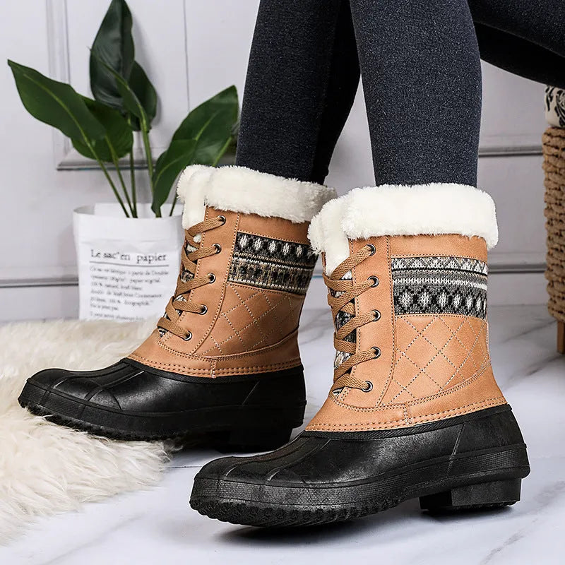 Women's winter high-top hiking shoes with velvet lining, non-slip rubber sole, in black colour block style