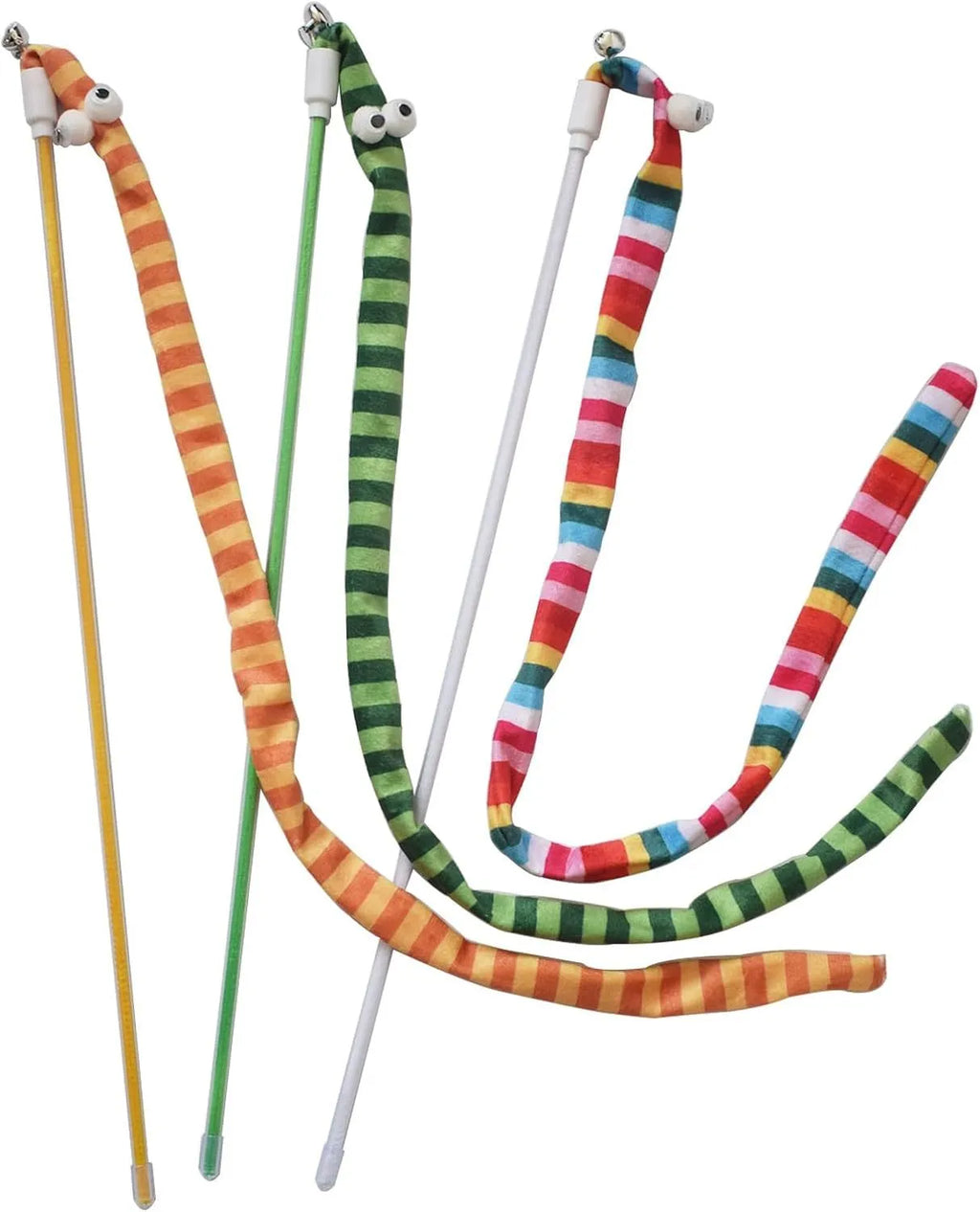Cat wand toy with colourful plush strip attached to polycarbonate pole