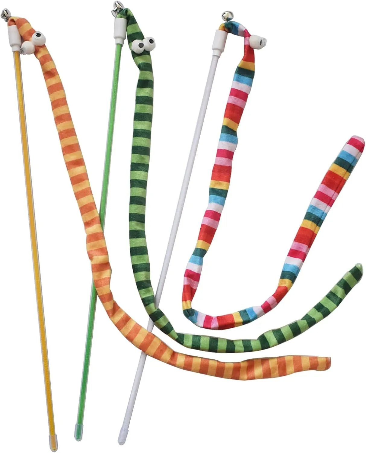 Cat wand toy with colourful plush strip attached to polycarbonate pole