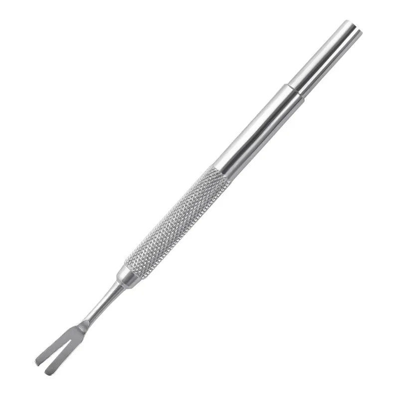 Silver stainless steel tick removal tweezers with fine tips and ergonomic handle for pets