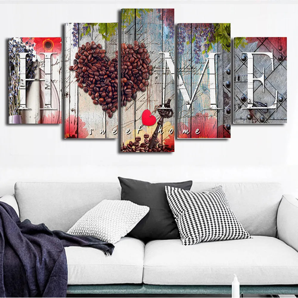 Set of five unframed red oil painting decoration boards in various sizes arranged on a wall.