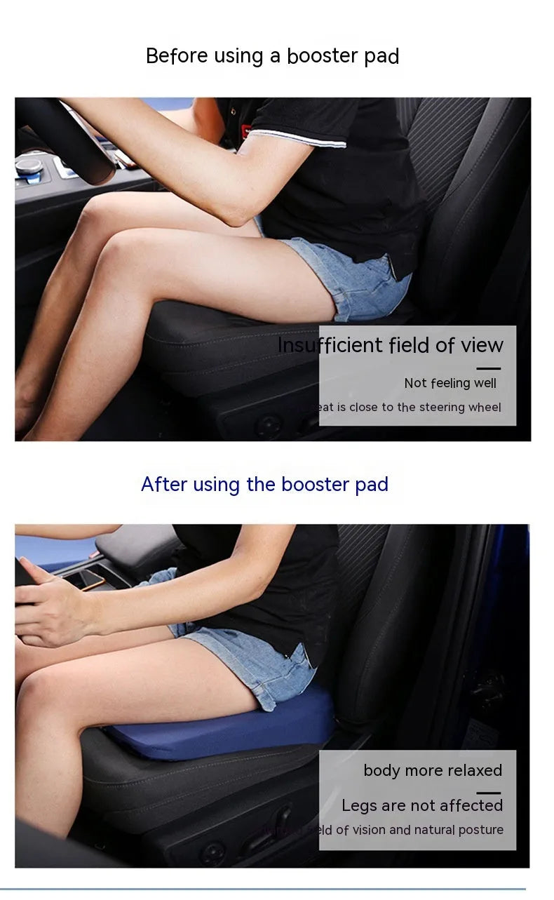 Black car seat cushion with dimensions 42x39x6cm on vehicle seat