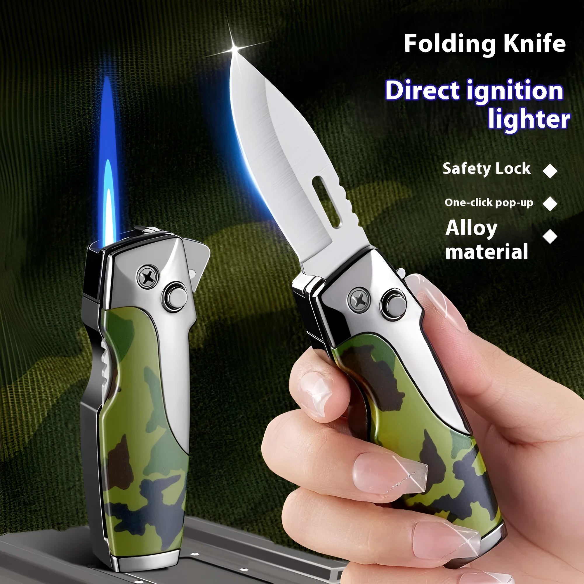 Zinc alloy metal folding knife lighter in a wood grain finish, showing both the closed tool and the unfolded blade.