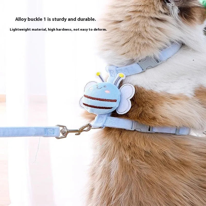 Pink adjustable cat rope lead with teddy and bee charms on a polyester strap.