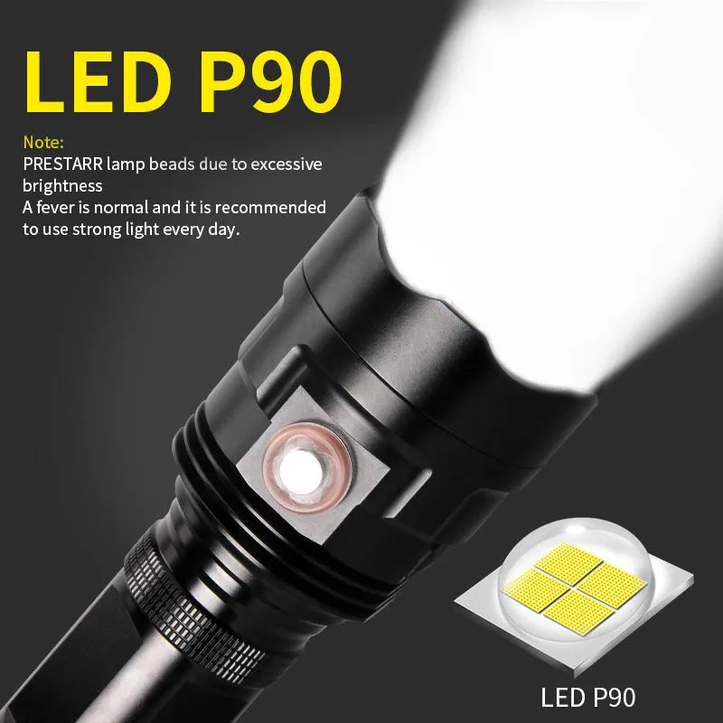Black aluminium alloy XHP90 LED tactical flashlight showing head and body details.