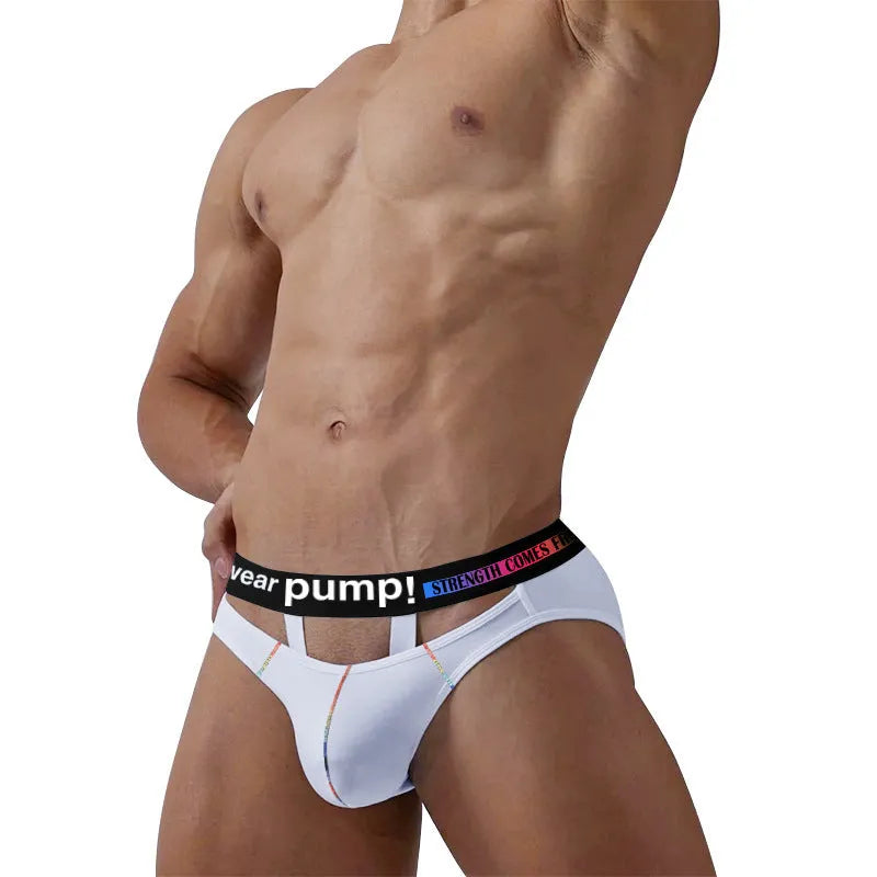 Men's solid black low-waist modal fabric briefs laid flat, showing the waistband and leg openings.