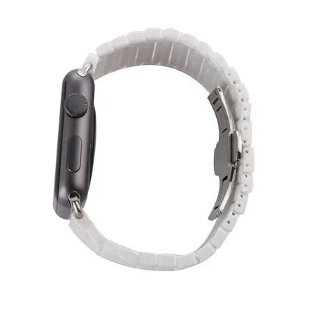 Ceramic Apple Watch strap with stainless steel clasp in black and white colour options