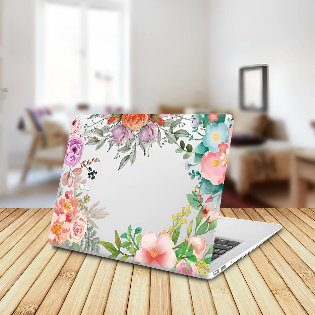 Plastic hard shell case with floral pattern for Apple MacBook Air and MacBook Pro laptops.
