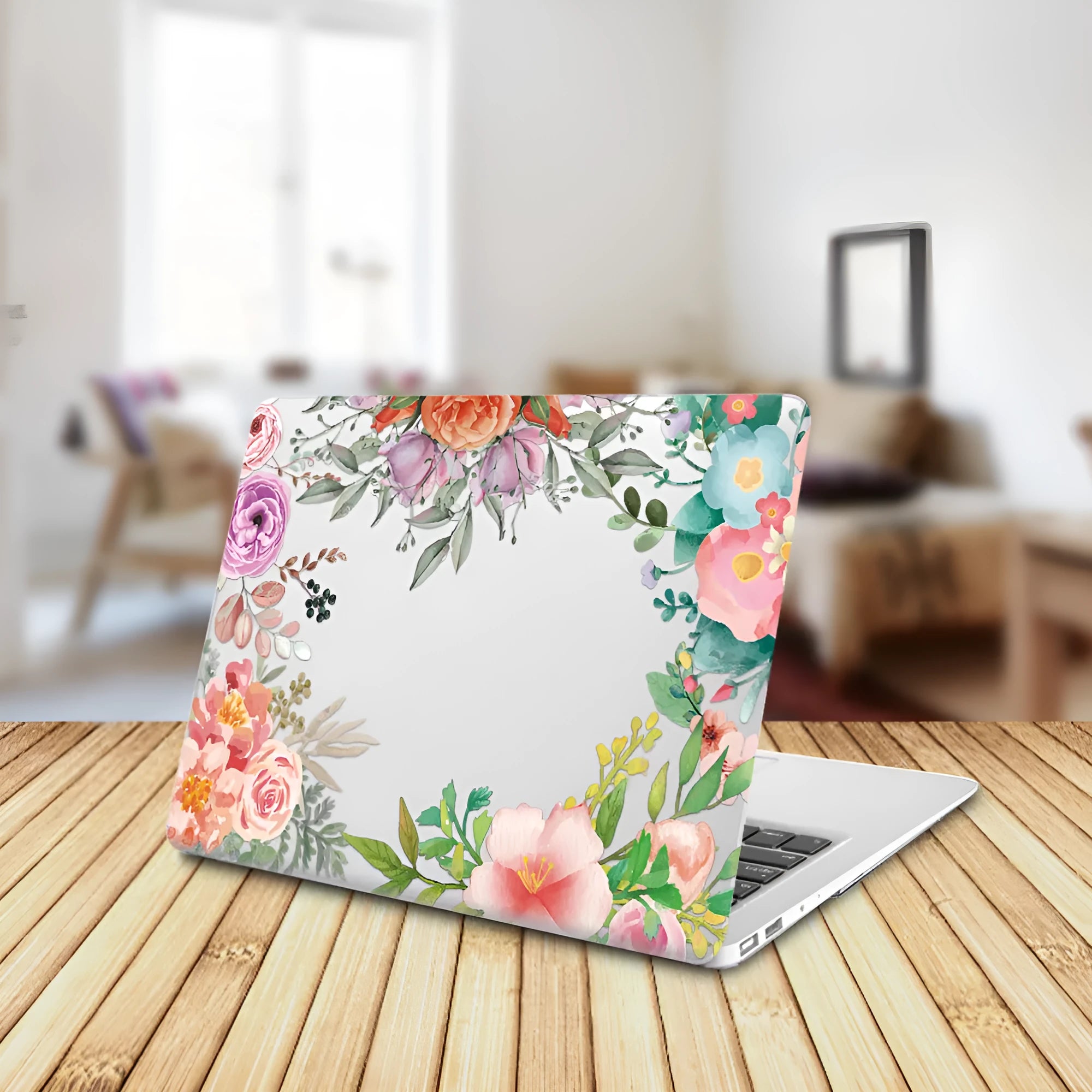 Plastic hard shell case with floral pattern for Apple MacBook Air and MacBook Pro laptops.