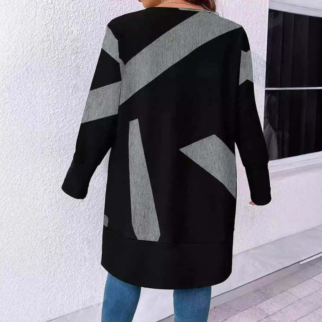 Black plus size casual cardigan coat with button stitching printing and regular sleeves