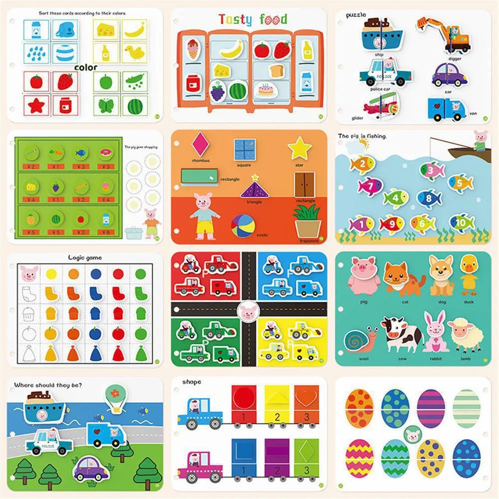 Montessori paste quiet book with metal build, showing themed pages for infant learning