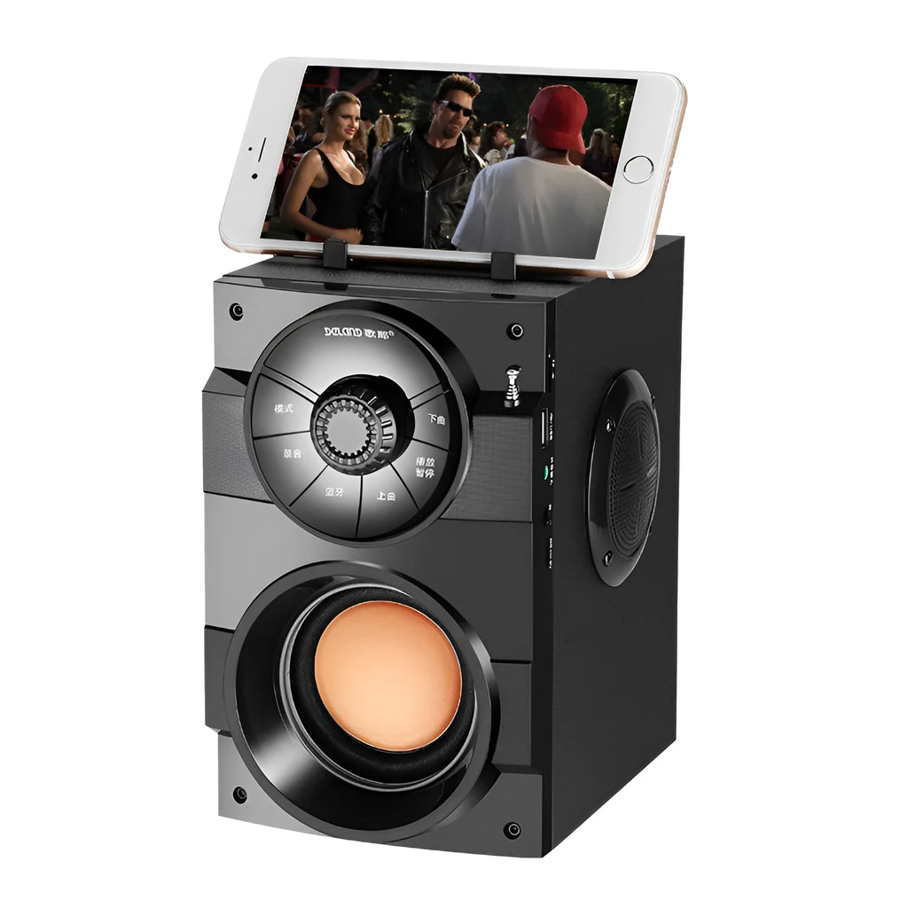 Black portable audio system with subwoofer and satellite speakers featuring 3.5mm connection