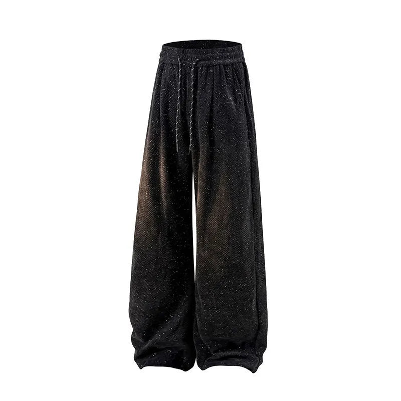 Plus size lightweight hollow-out trousers with fleece lining and elastic waist in black, straight-leg design.