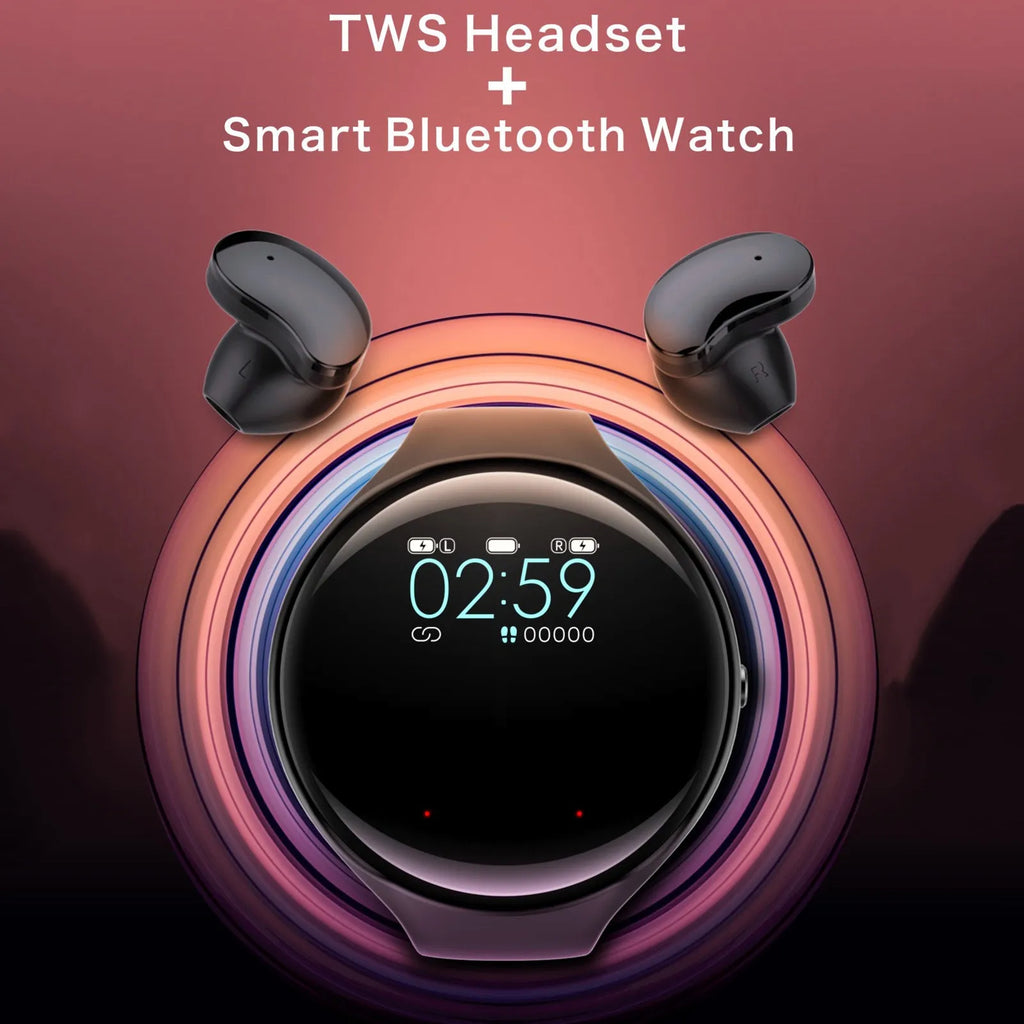 Black detachable Bluetooth headset and smart bracelet combo with colour screen for heart rate and step tracking.