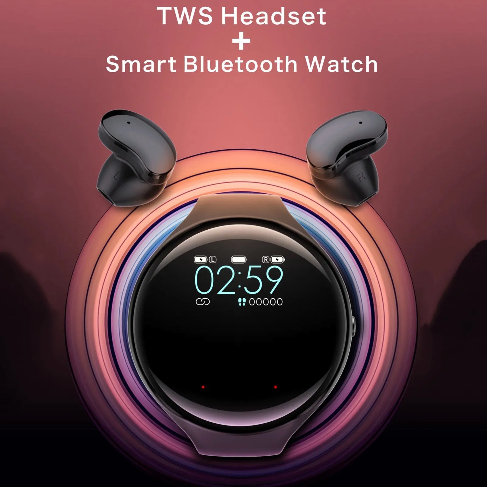 Black detachable Bluetooth headset and smart bracelet combo with colour screen for heart rate and step tracking.