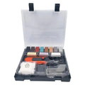 Floor repair tool set for DIY tile repair with red or yellow handles and wax components