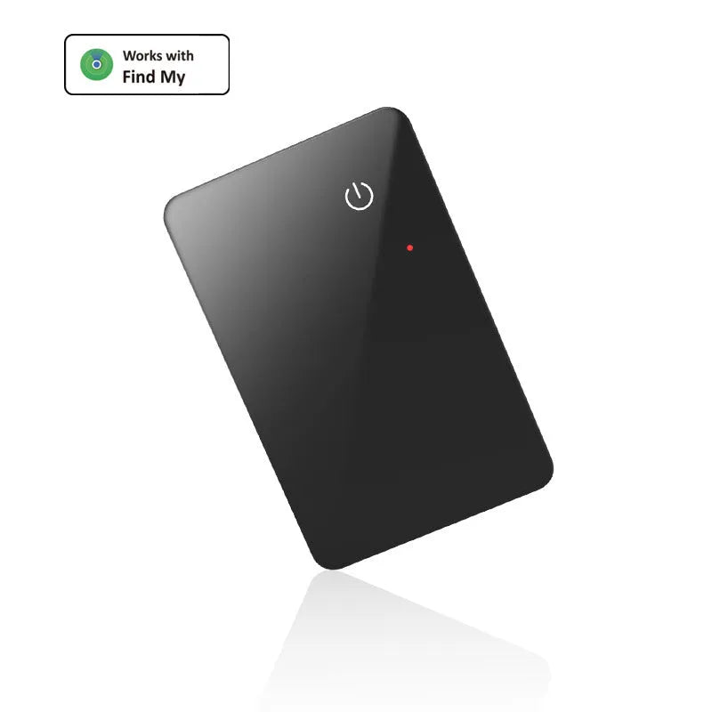 Black plastic pet tracker with wireless charging and NFC, card dimensions 85x54mm