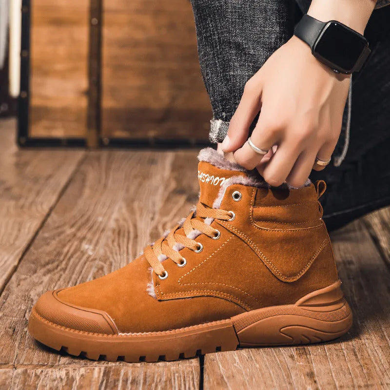 Men's winter ankle boots warm plush shoes suede upper rubber sole round toe flat heel high top front tie solid colour black grey yellow