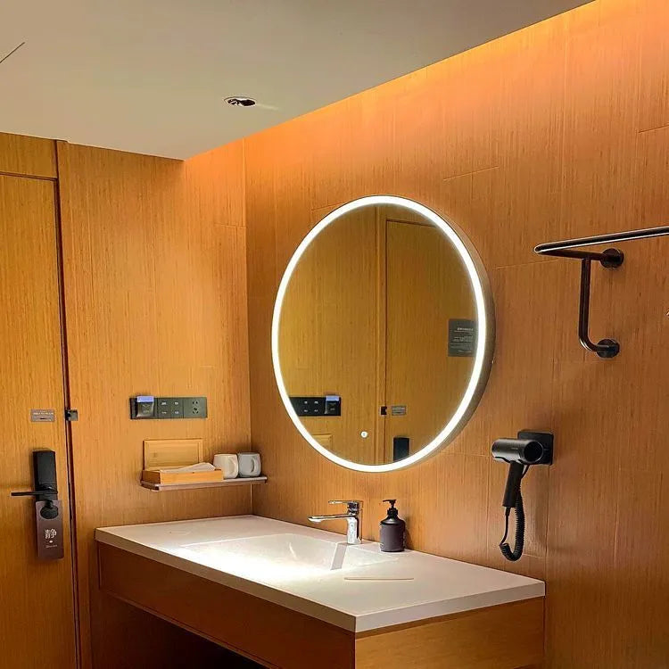 Round wall-mounted LED bathroom mirror with black aluminium alloy frame and touch control.