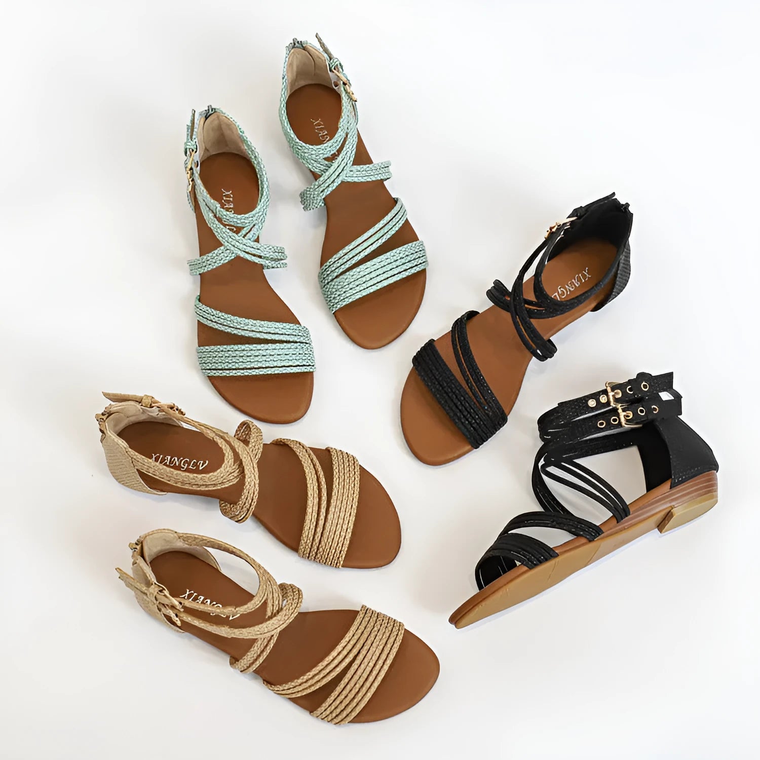 Women's open-toe wedge sandals in light green with a back zipper, decorative belt, and thick rubber sole.