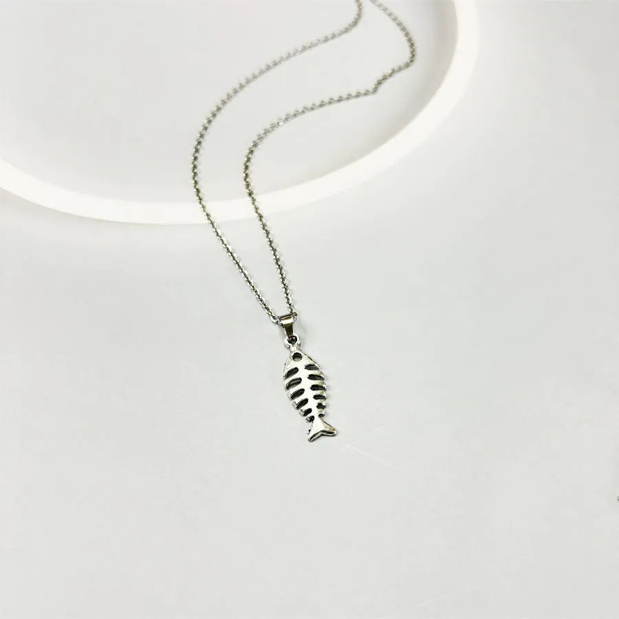 Women's fishbone pendant necklace and matching earrings set with adjustable O-chain