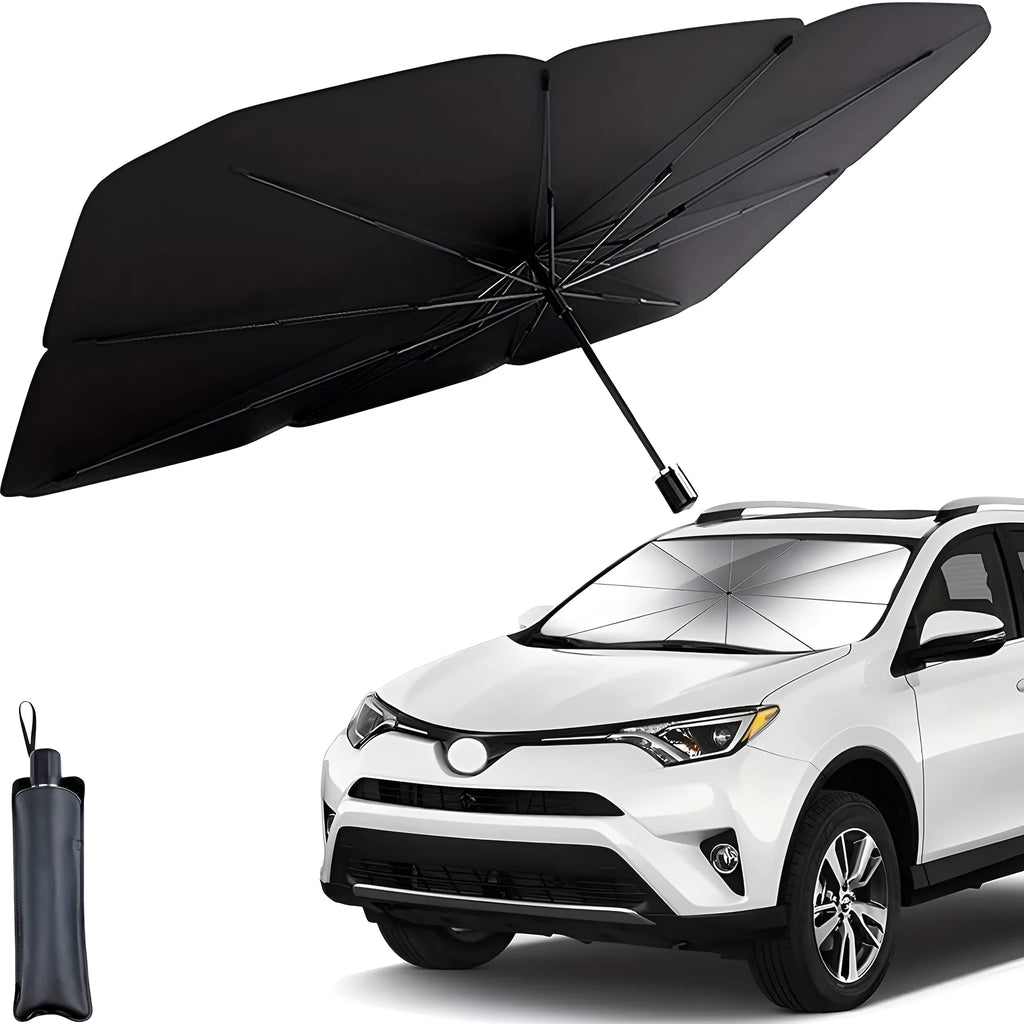 Foldable car windshield sunshade umbrella showing automatic folding mechanism and UV protection