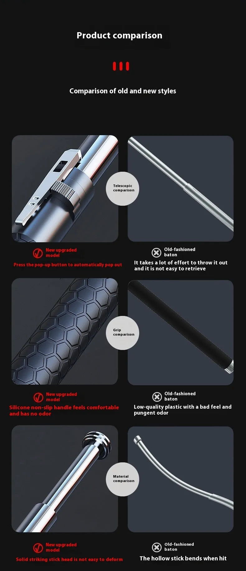 Titanium black automatic spring expandable baton in three sizes: 16 inch, 21 inch, and 26 inch.
