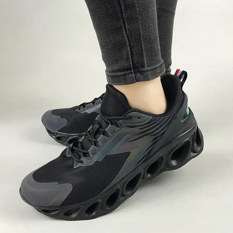 Men's black mesh casual trainers with EVA sole and lace-up design for sports and leisure