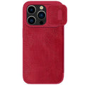 Imitation leather flip phone case for iPhone 15 in Black, Brown, and Red colours