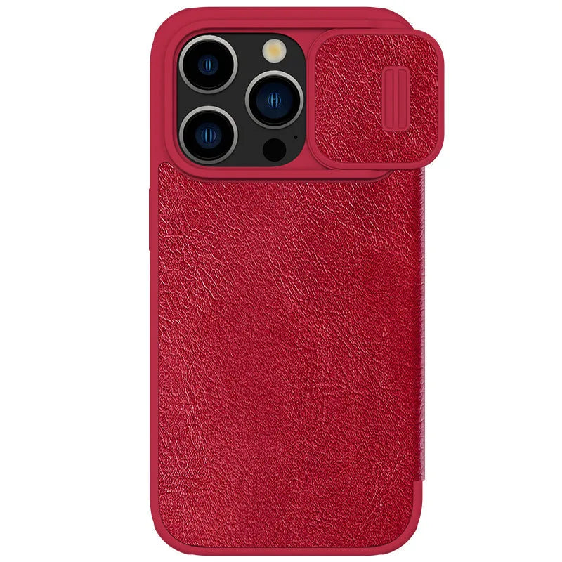 Imitation leather flip phone case for iPhone 15 in Black, Brown, and Red colours