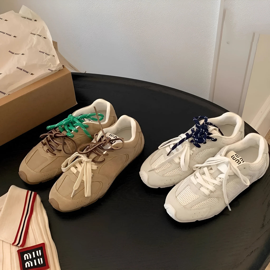Women's retro German training casual shoes in khaki with flat heel, round toe, and front lace-up design.