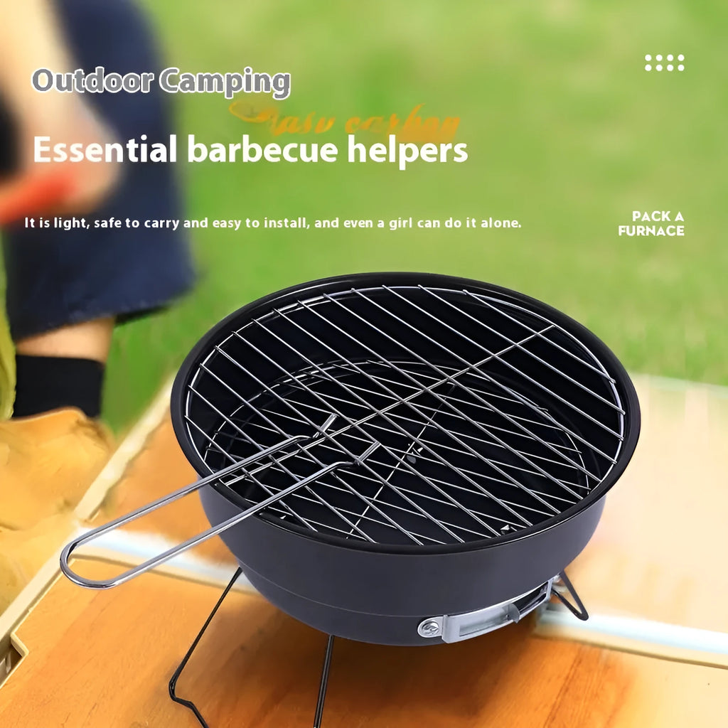 Small metal round folding ice stove with grill mesh and legs set up for barbecue.