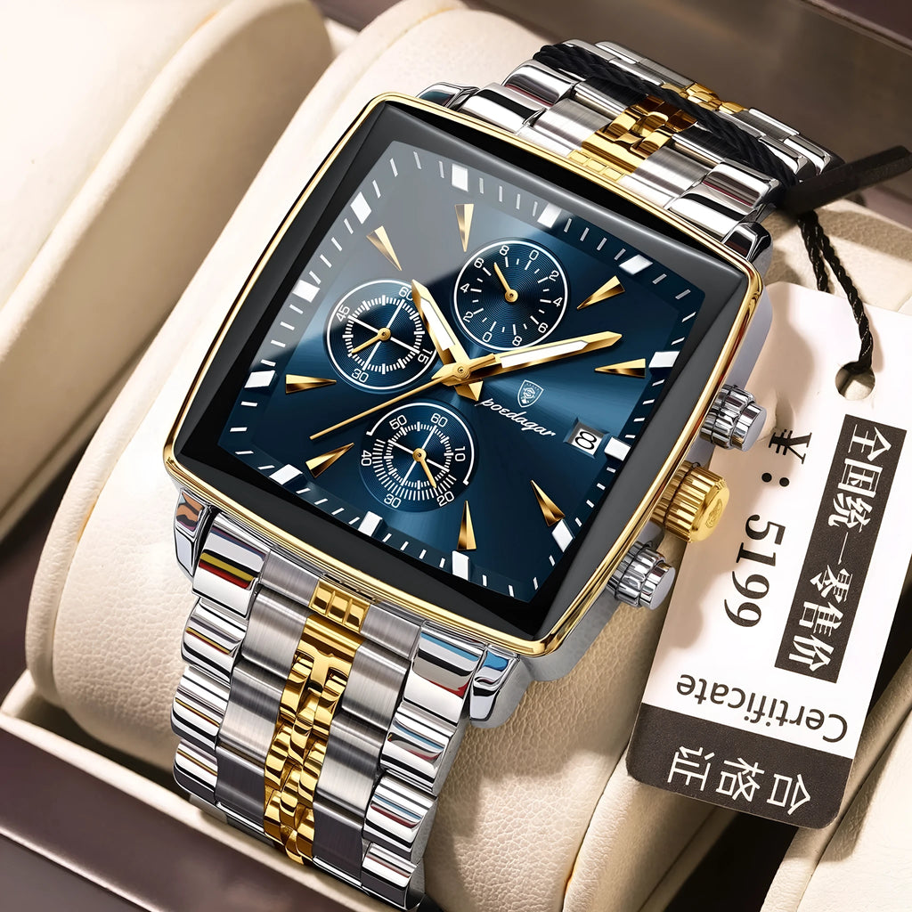 Square men's business watch with stainless steel strap and mineral glass in various colour combinations