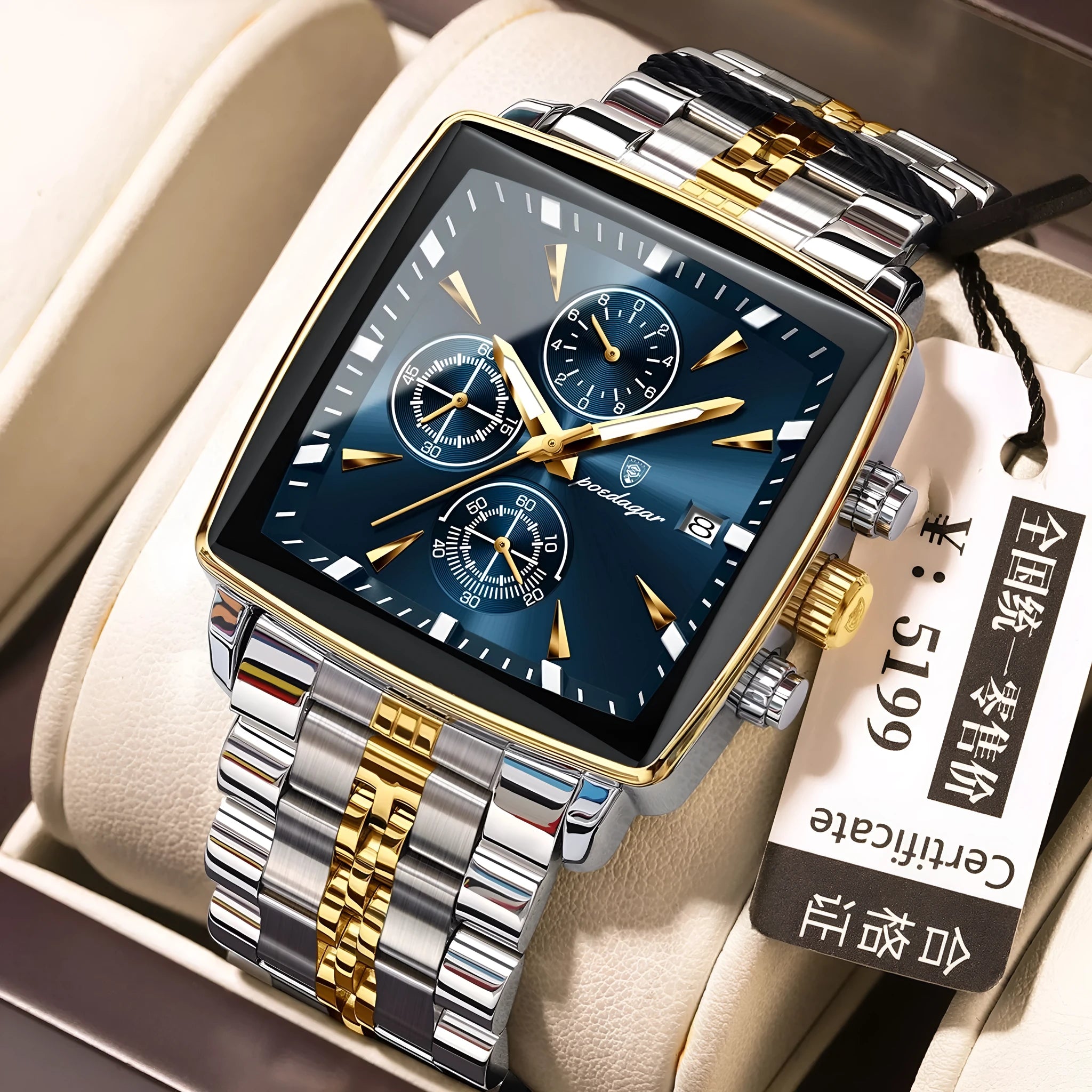 Square men's business watch with stainless steel strap and mineral glass in various colour combinations