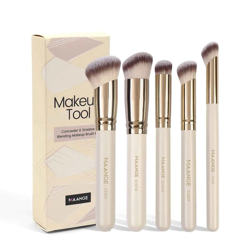 Five apricot coloured angled makeup brushes with synthetic bristles for foundation and powder application