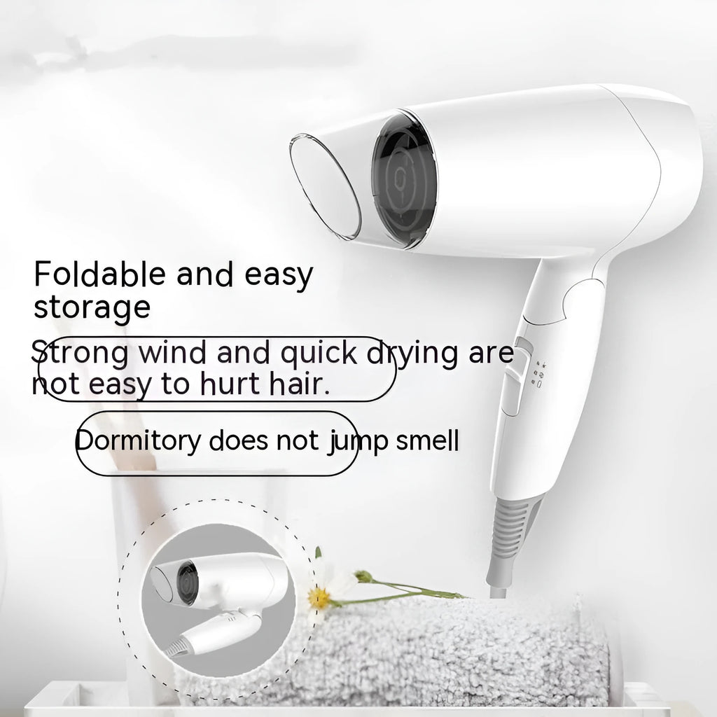 Moon White compact 1400W portable hair dryer with 150cm cord and air outlet on neutral background